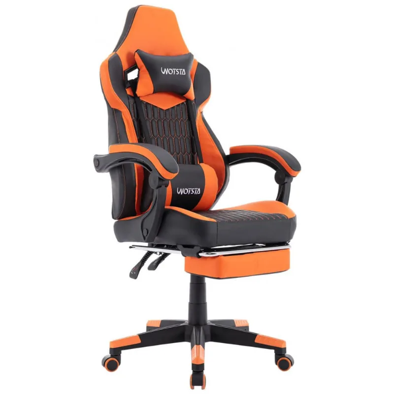 Cadeira Gamer Reclinável e Giratória com Apoio para os Pés e Cabeça, WOTSTA , Preta e Laranja