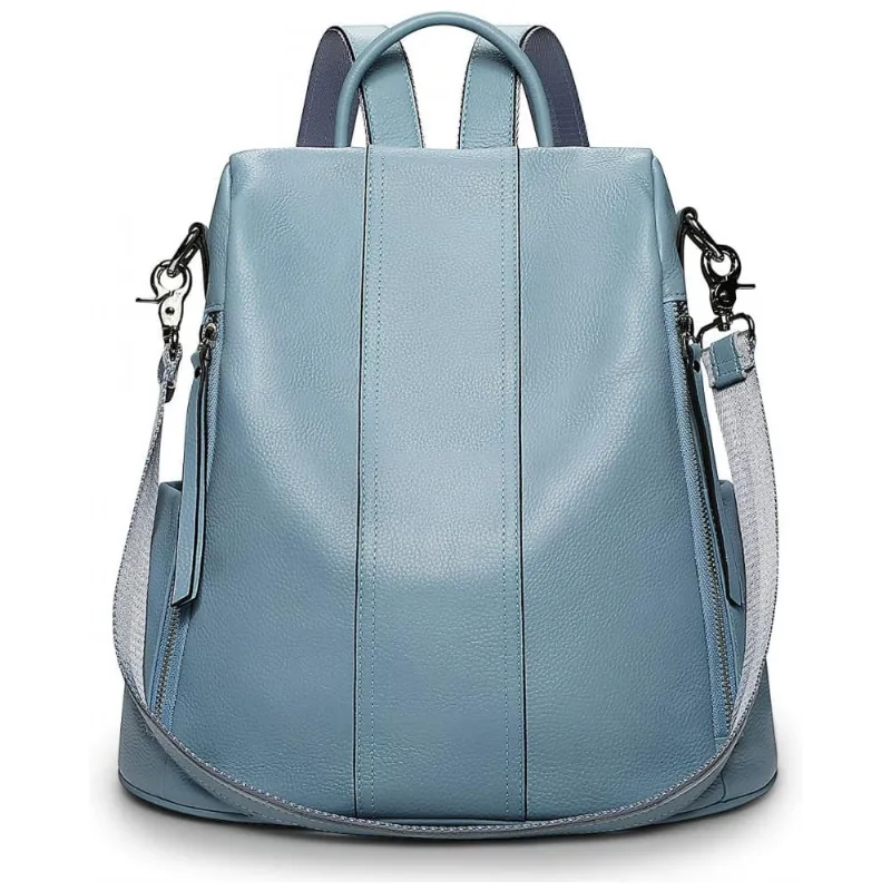 Mochila Feminina de Couro Conversível para Bolsa de Ombro, S ZONE, Azul Claro