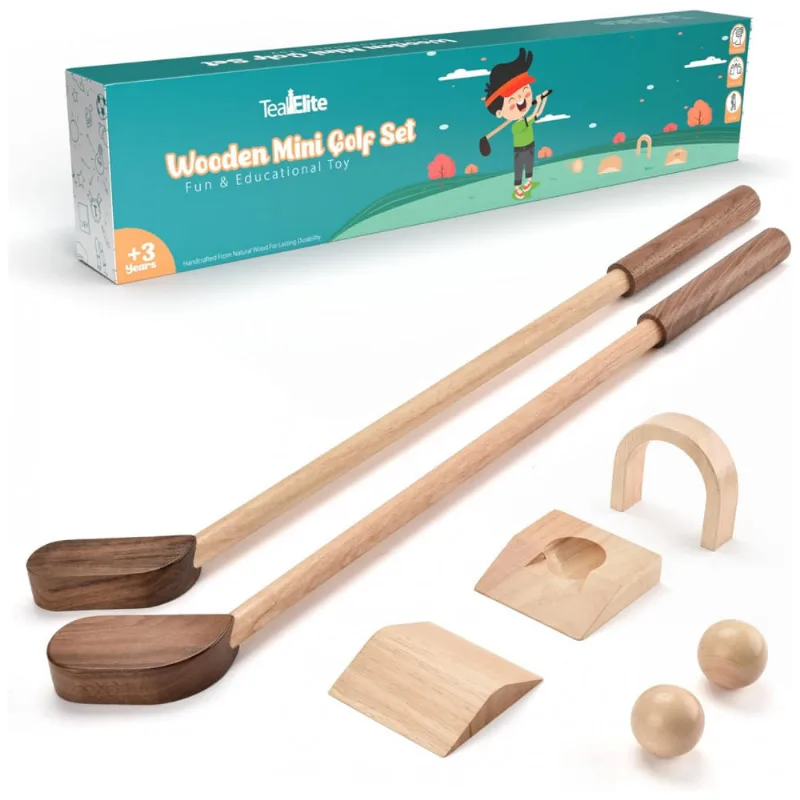 Kit De Golfe Infantil Em Madeira Natural Com Tacos, Bolas E Obstáculos, Teal Elite
