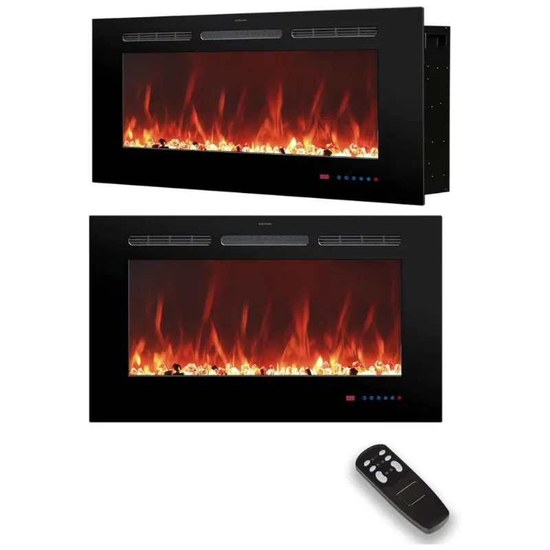 Lareira Elétrica De Embutir A44x76l Com Temporizador E Chamas Realista, 110v 1500w, Oxhark, Preta