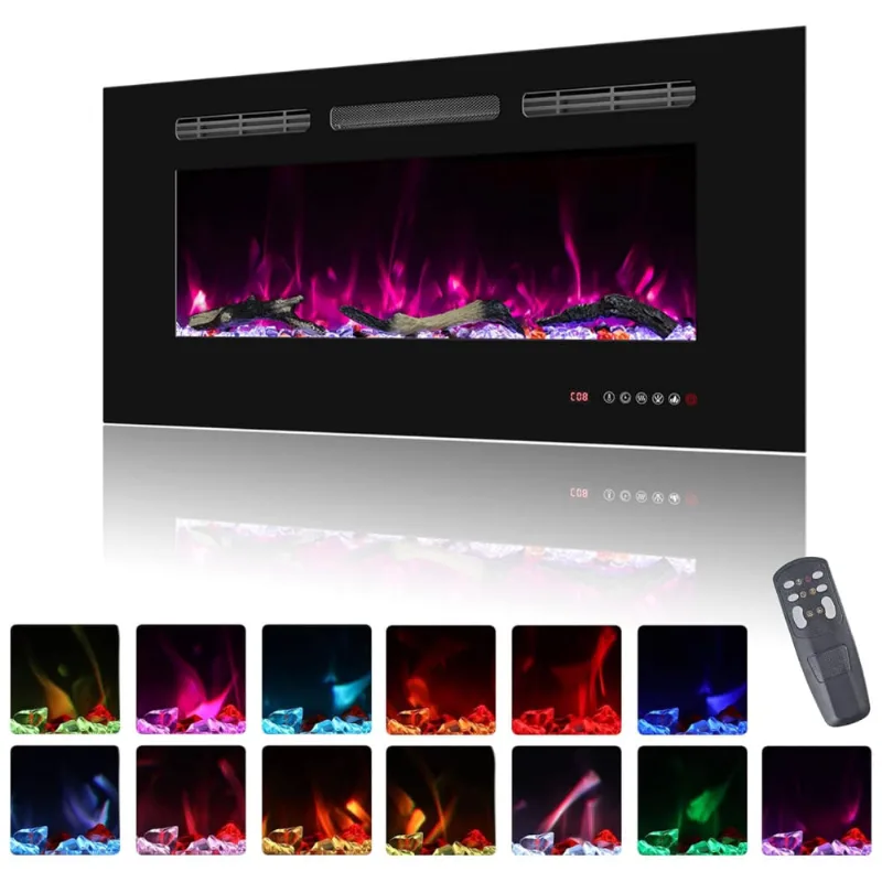 Lareira Elétrica De Embutir A44x91l Com Temporizador E Chamas Realista, 110v 1500w, Oxhark, Preta