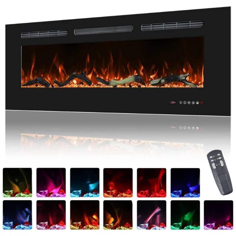 Lareira Elétrica De Embutir A44x106l Com Temporizador E Chamas Realista, 110v 1500w, Oxhark, Preta