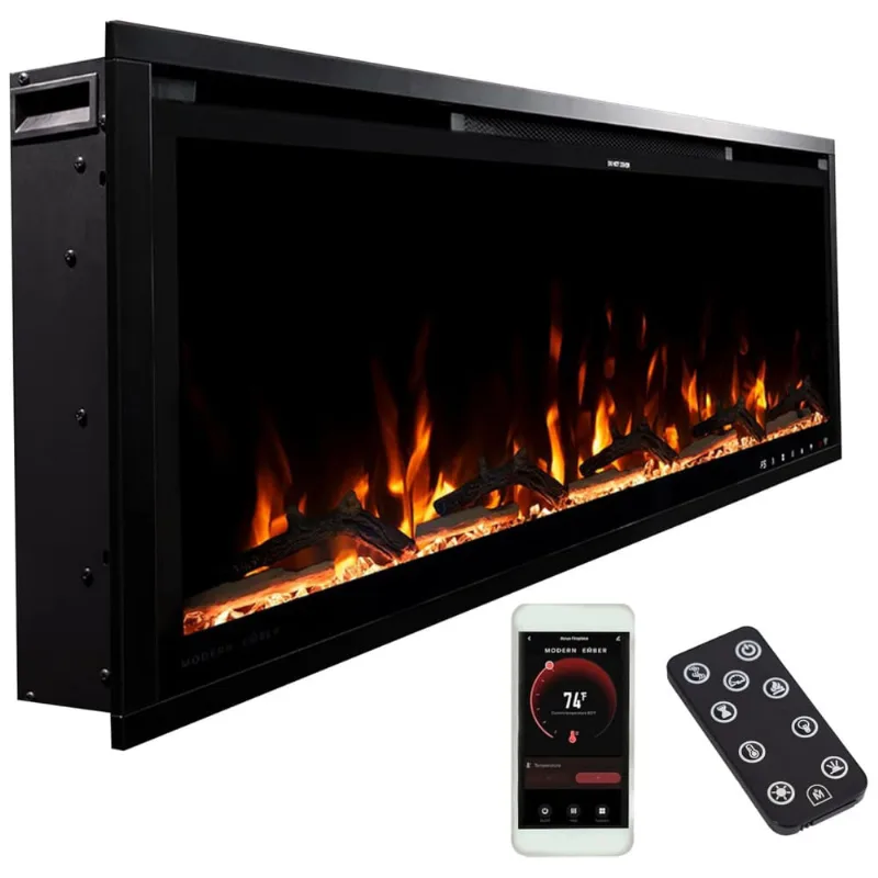 Lareira Elétrica De Embutir A44x106l Com Controle Por App E Chamas Multicoloridas, 110v 1500w, Modern Ember, Preta