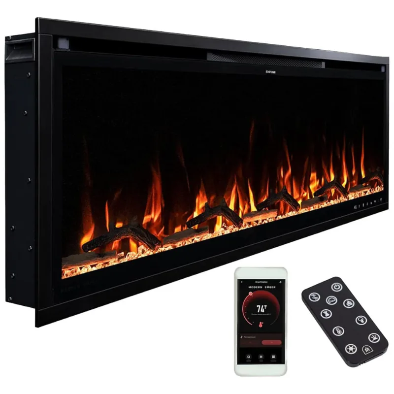 Lareira Elétrica De Embutir A44x127l Com Controle Por App E Chamas Multicoloridas, 110v 1500w, Modern Ember, Preta