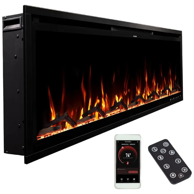 Lareira Elétrica De Embutir A44x152l Com Controle Por App E Chamas Multicoloridas, 110v 1500w, Modern Ember, Preta
