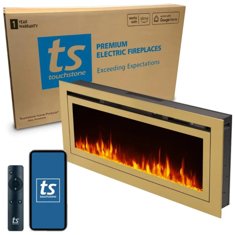 Lareira Elétrica De Embutir A54x127l Com Controle Por App E Chamas Multicoloridas, 110v 1500w, Touchstone 86275, Dourada