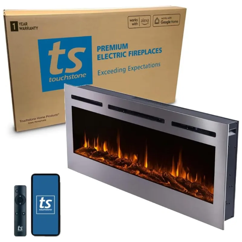 Lareira Elétrica De Embutir A54x127l Com Controle Por App E Chamas Multicoloridas, 110v 1500w, Touchstone 86273, Prata