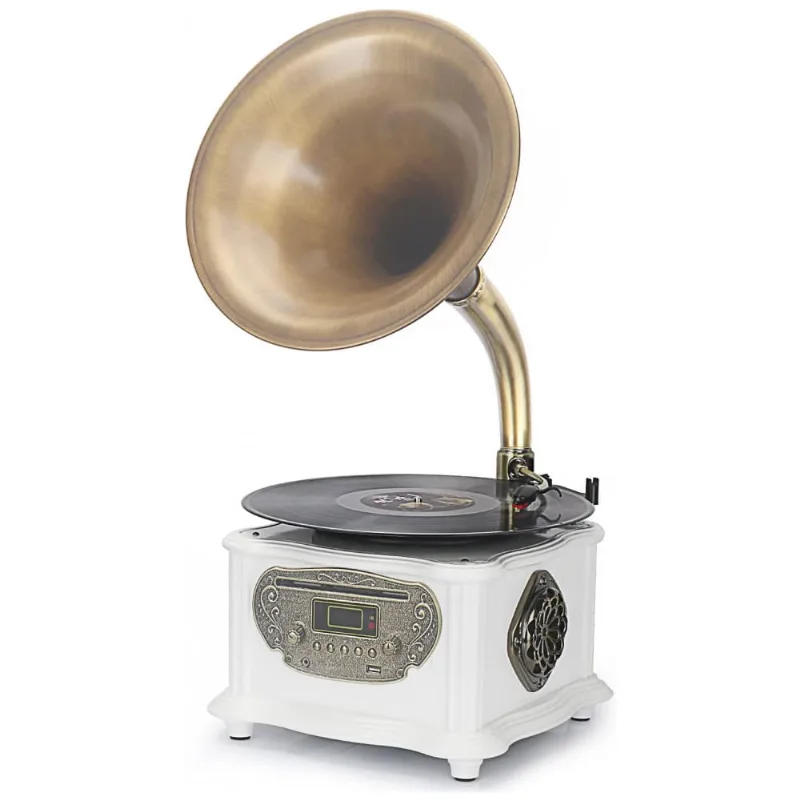 Gramofone Toca Discos Retrô Com Entrada Usb, Aux, Rádio Fm, Bluetooth E Cd, Meageal, Branco