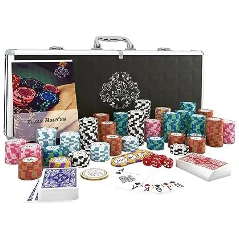 Maleta de Poker com 300 Fichas Numeradas, Manual de Regas e Cartas, Idade Recomendada 12 Anos ou Mais, Bullets