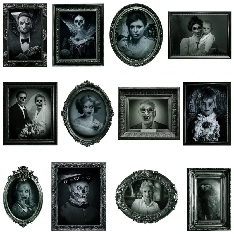 Kit Quadros Assustadores 3D com Movimento de Rosto e Molduras para Decoração de Halloween, 12 UN