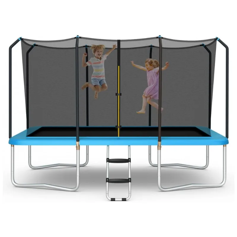 Trampolim GYMAX para crianças, trampolim retangular de 14 pés aprovado pela ASTM com escada antiderrapante de rede de gabinete, rebote de trampolim