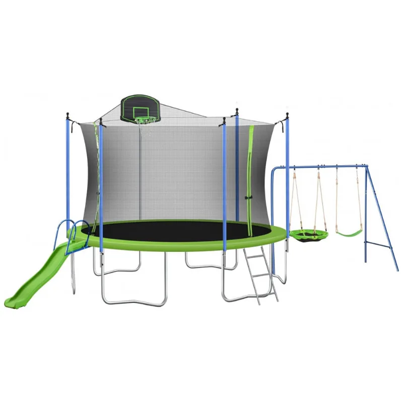Conjunto De Trampolim Tensun 12ft Com Balanço, Escorregador, Cesta De Basquete E Escada De Metal Para Crianças E Adultos, Trampolins Recreativos Com
