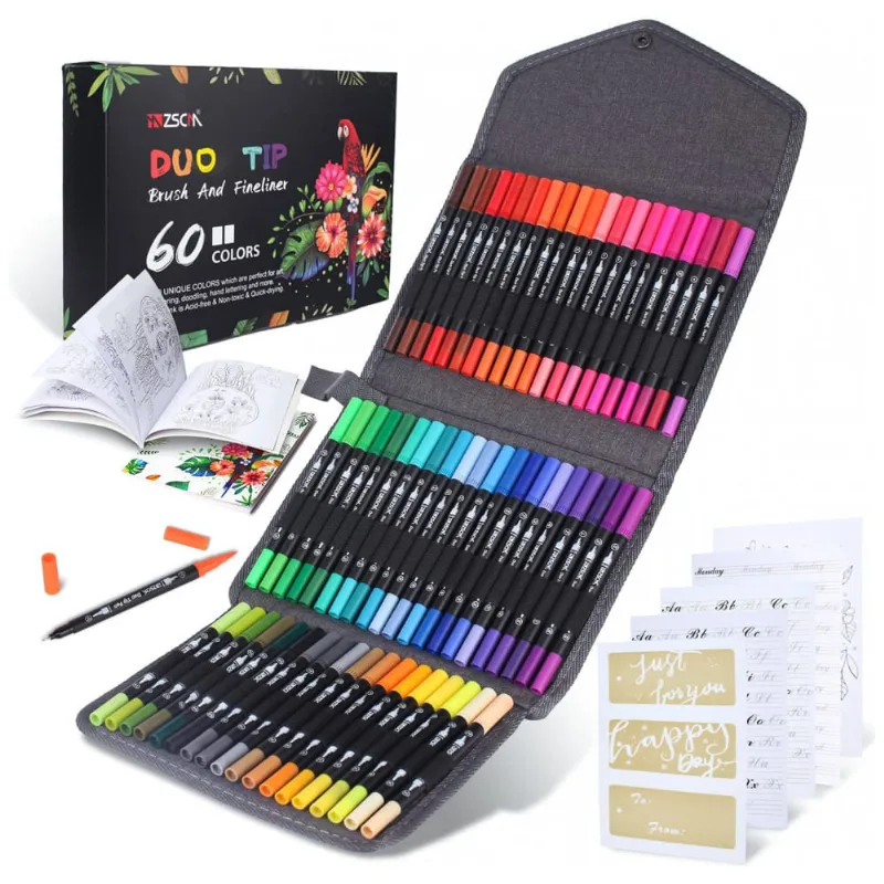 Conjunto de Canetas Artisticas 60 Cores com Ponta de Pincel Fino e Livro para Colorir, ZSCM