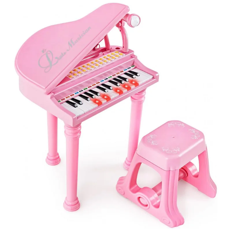 Piano Teclado Infantil com 31 Teclas, Banco, Microfone e Modo Ensino LED, Costzon, Preto 110v