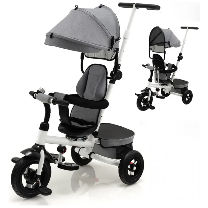 Triciclo Infantil 4 em 1 com Alça Removível, Sino, Assento Giratório e Cesta de zenamento para Crianças de 1 a 5 anos, Costzon, Cinza 110v