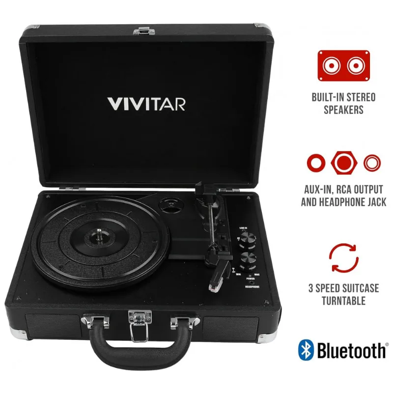 Toca Discos Com 3 Velocidades, Bluetooth Duplo, Alto Falantes Integrados Som Clássico E Conveniência Moderna, Vivitar, Preto