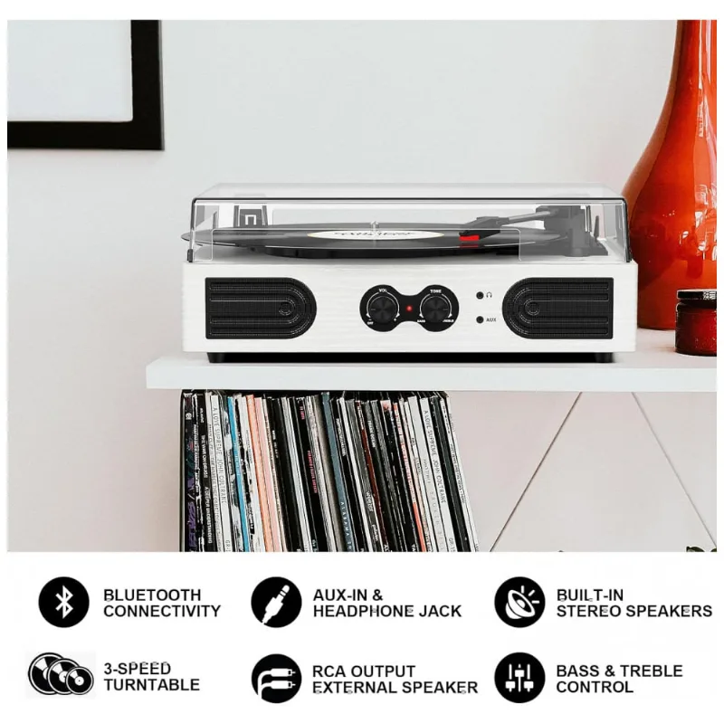 Toca Discos De Vinil Com Alto Falantes Estéreo Integrados E Ajuste De Graves, Tanlanin, Branco