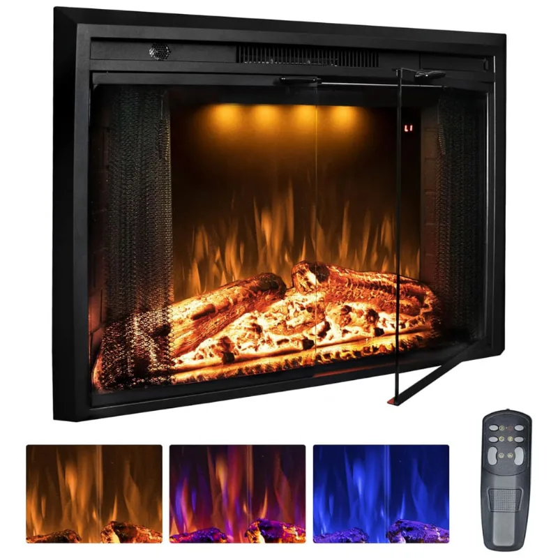 Lareira Elétrica De Embutir A62x76l Com Porta De Vidro, Tela De Malha, Chamas Multicoloridas E Sons De Crepitação De Fogo, 110v 1500w, Benrocks, Preta