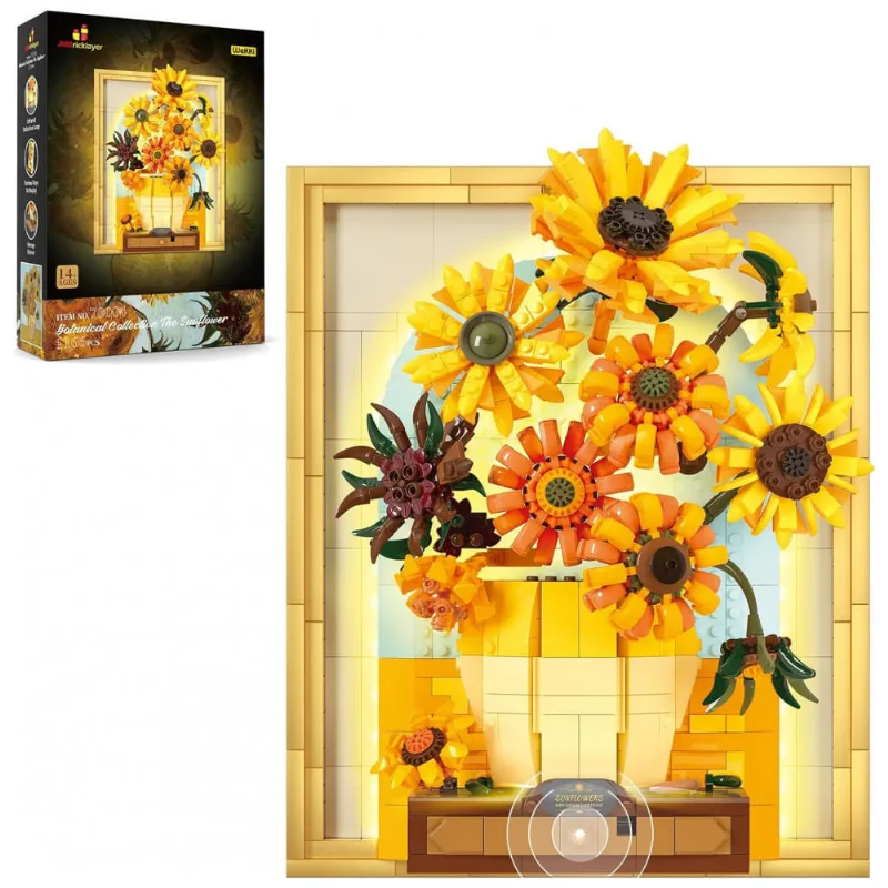 Kit de Construção Quadro Van Gogh Girassol de Flores com Luzes e 1166 Peças, JMBricklayer, Amarelo