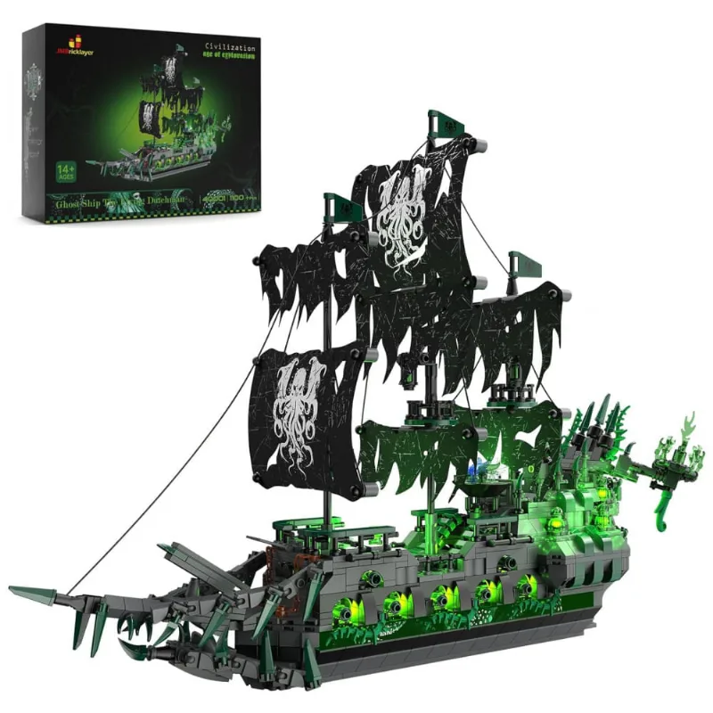 Kit de Construção Navio Fantasma Flying Dutchman com Luzes e 1100 Peças, JMBricklayer, Preto e Verde