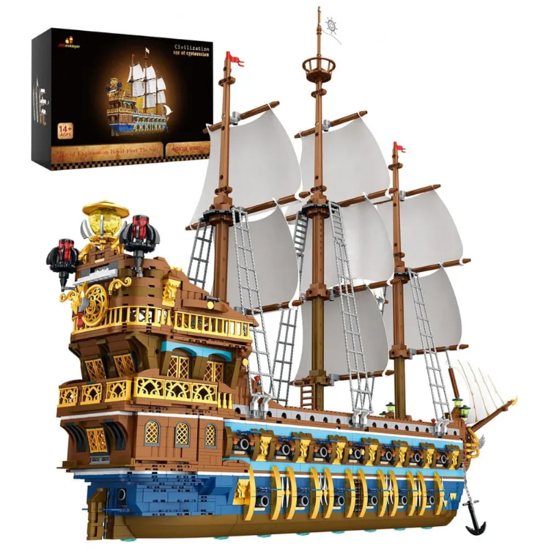 Kit de Construção Navio da Frota Real com Design em Camadas e 3162 Peças, JMBricklayer, Marrom