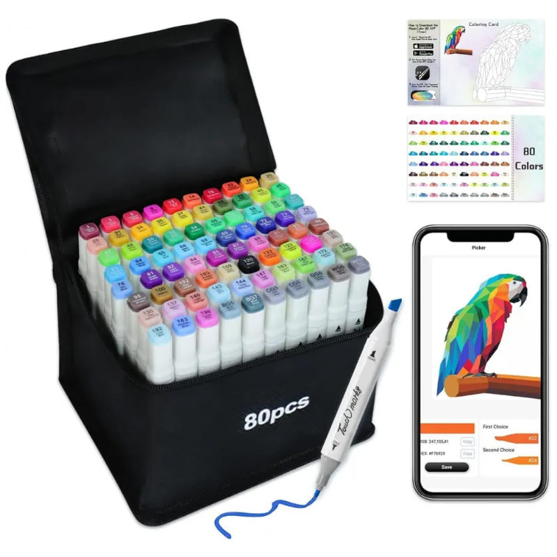 Conjunto de Canetas Artisticas 80 Cores à Base de Álcool para Artistas com Aplicativo Gratuito, Brled