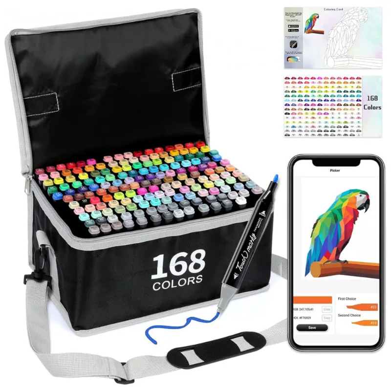 Conjunto de Canetas Artisticas 168 Cores à Base de Álcool para Artistas com Aplicativo Gratuito, Brled
