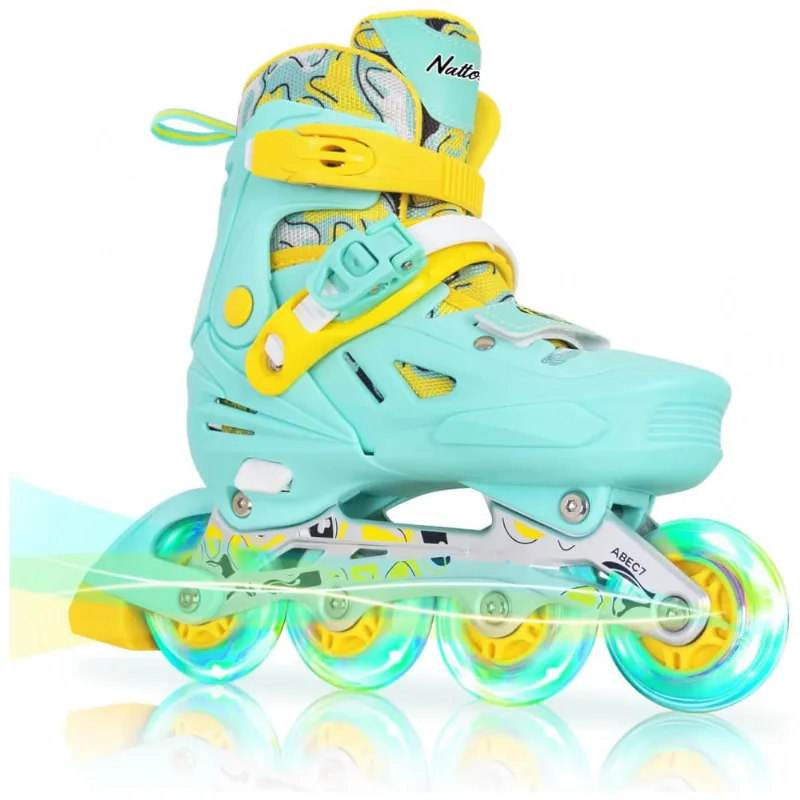 Patins Infantil Regulável com Rodas Iluminadas para Iniciantes, Tam BR 30 a 34, Nattork, Azul Teal
