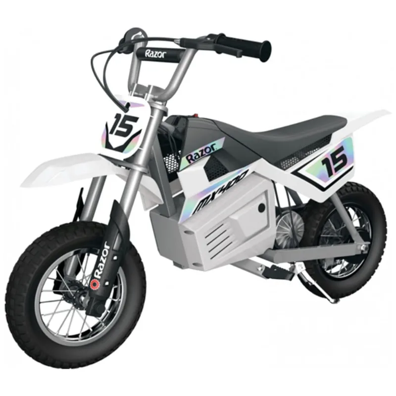 Moto Elétrica Motocross com Freios Manuais, Suporte Retrátil e Pinos de Metal Dobráveis, Idade 13 a 16 Anos, Razor MX400, Branca