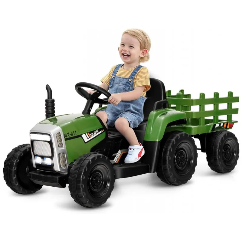 Trator Elétrico Infantil 2 em 1 com Reboque, Controle Remoto, Câmbio de 3 Marchas, Música, USB e Bluetooth, 12V, Olakids, Verde Escuro 110v