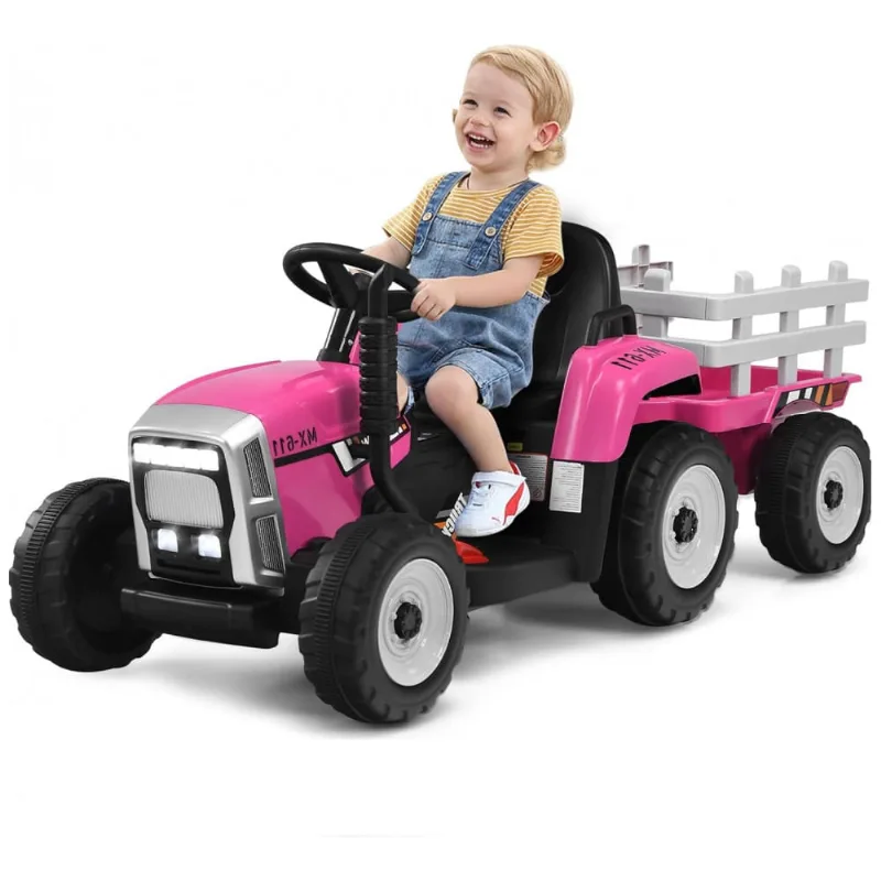 Trator Elétrico Infantil 2 em 1 com Reboque, Controle Remoto, Câmbio de 3 Marchas, Música, USB e Bluetooth, 12V, Olakids, Rosa 110v