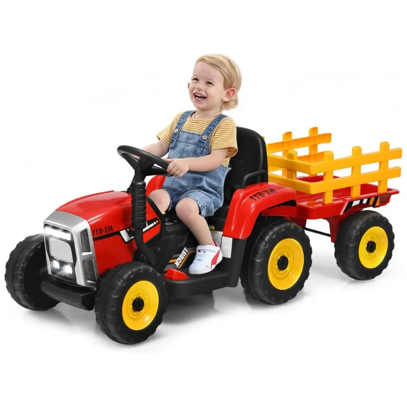 Trator Elétrico Infantil 2 em 1 com Reboque, Controle Remoto, Câmbio de 3 Marchas, Música, USB e Bluetooth, 12V, Olakids, Vermelho 110v
