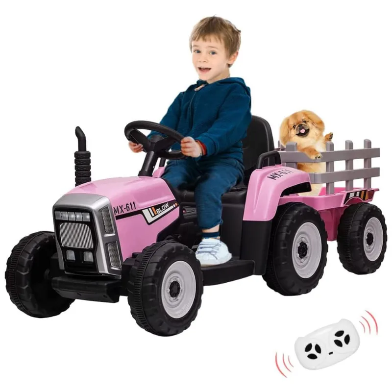 Trator Elétrico Infantil 12V com Controle Remoto Faróis de LED e Mudança de Marcha, PINGHU, Rosa