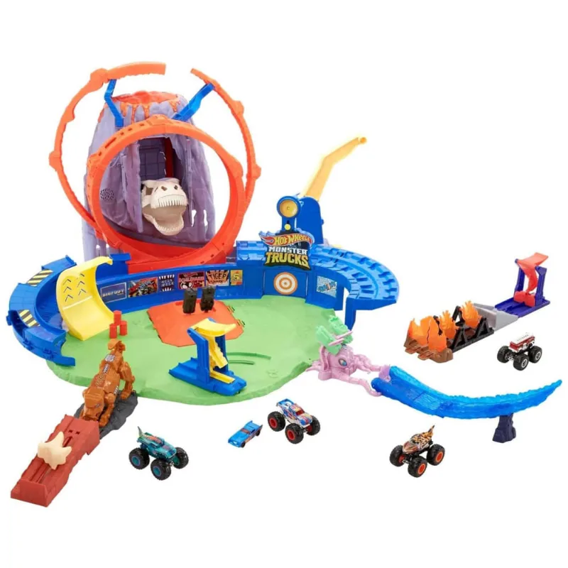 Arena Monster Trucks T Rex Volcano Hot Wheels Com Luzes, Sons, 2 Lançadores E Carrinhos 1:64, Mattel