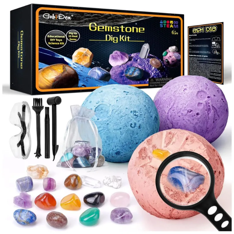 Kit de Escavação de Pedras Preciosas e Sistema Solar para Crianças Escave 15 Joias Reais com o Kit Científico GobiDex.