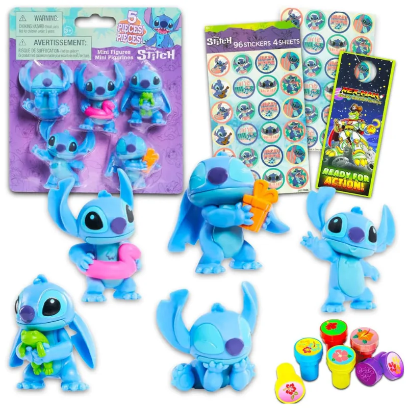 Kit de Brinquedos Lilo e Stitch com 5 Personagens Stitch, Adesivos de Ponto e Carimbos de Flores para Crianças, Classic Disney, Azul