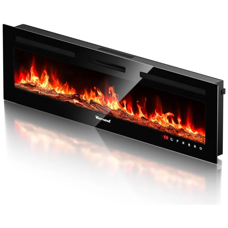 Lareira Elétrica De Embutir A43x152l Cm Com Temporizador, Controle Remoto E Digital, 110v 1500w, Visveil, Preta