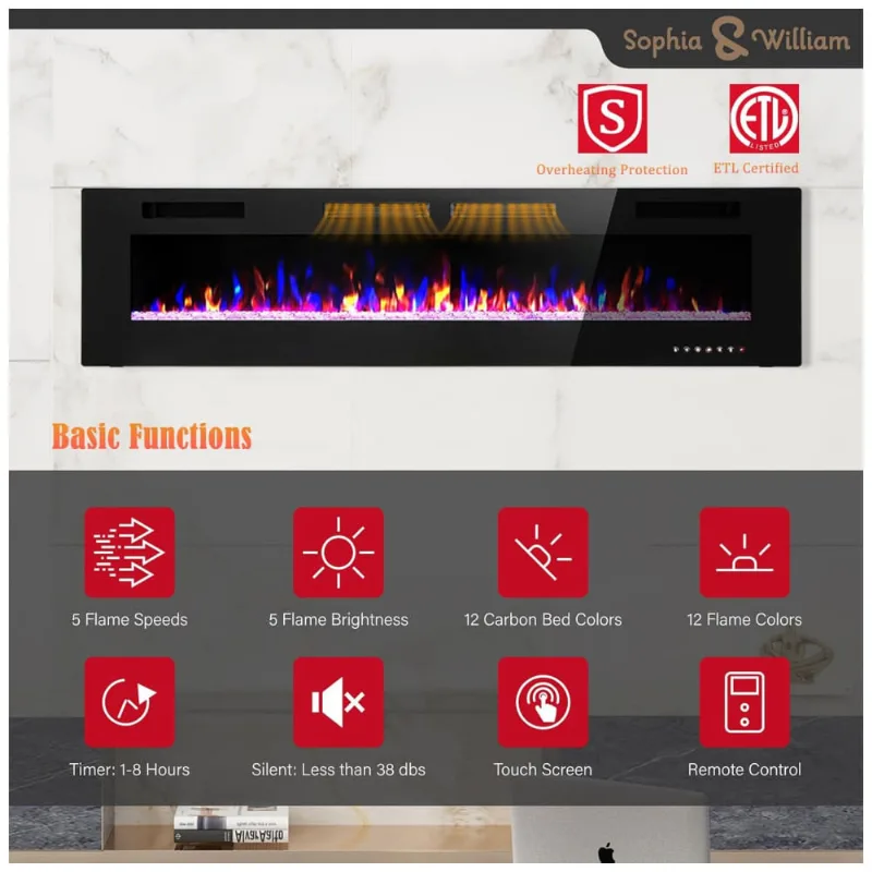 Lareira Elétrica De Embutir Ultrafina A45x182l Cm Com Temporizador, Controle Remoto E Digital, 110v 1500w, Sophia &amp;amp,amp,amp,amp, William, Preta