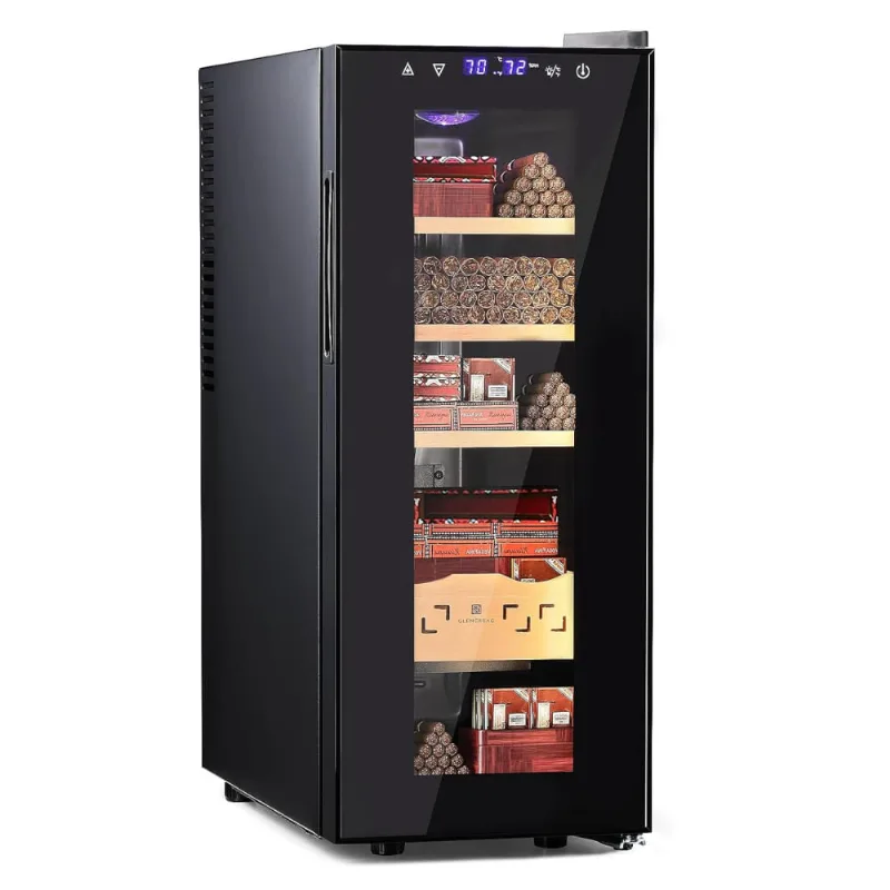 Umidor Elétrico 35l Até 250 Unidades Com Controle De Temperatura, Prateleiras E Gaveta Em Madeira De Cedro Espanhol, 110v, Preto