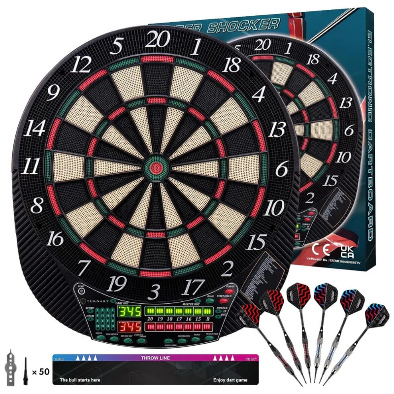 Jogo de Dardos Eletrônico, 6 Dardos, 28 Modos de Jogo e 216 Variações de Pontuação com Adaptador de Energia e Display LED para até 16 Jogadores