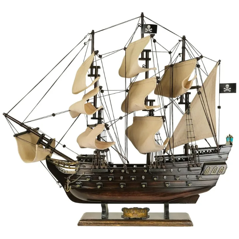 Barco Decorativo Pérola Negra de Madeira, Escala 1:190 com Acabamento em Nogueira Antigo e Velas Bege, HOME DECOR SAILINGSTORY