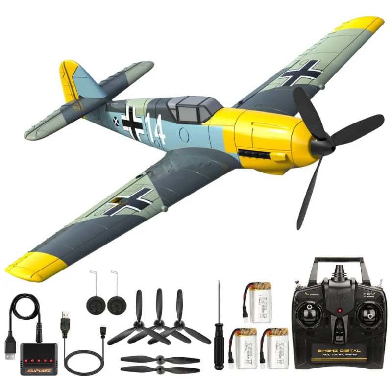Avião de Controle Remoto de 4 Canais com Estabilizador Giroscópio de 6 Eixos, Hélices Substituíveis e Acessórios, ANTSIR BF-109E