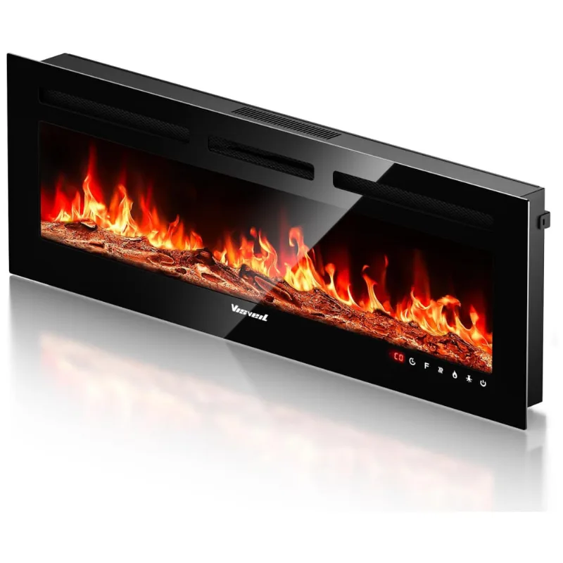Lareira Elétrica De Embutir De Chama Realista A43x127l Cm Com Suporte De Tv, Conjunto De Toras E Chamas De Cristal, Temporizador, Controle Remoto E