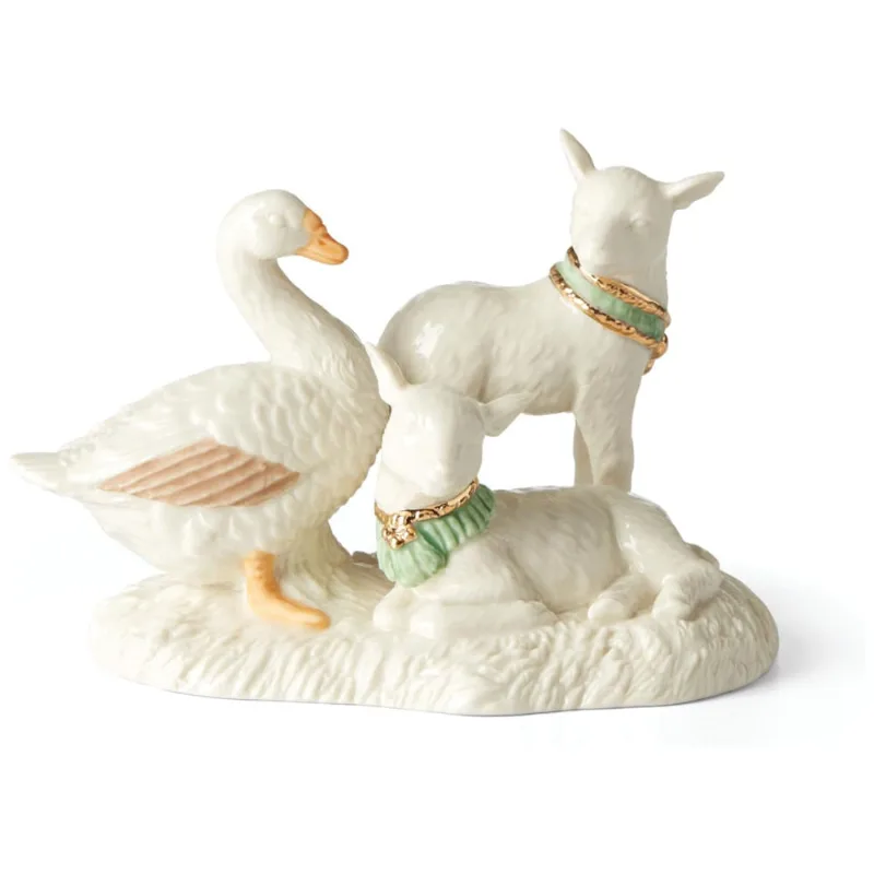 Enfeite Natalino Em Porcelana Cordeiros E Ganso Para Presépio, Lenox 894083, Branco
