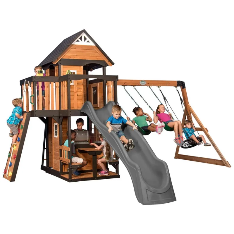 Playground Infantil De Madeira, Estilo Casa De Jogos Com Parede De Escalada, Escorregador De Ondas, Balanços E Varanda, Backyard Discovery, Cinza