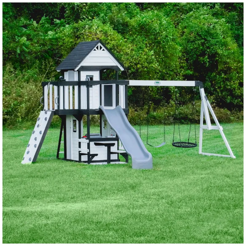 Playground Infantil De Madeira Com Parede De Escalada, Escorregador De Ondas, Balança De Teia, Varanda E 2 Balanços De Cinto, Backyard