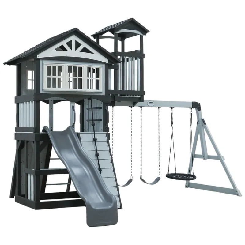 Playground Infantil De Madeira Com Escorregador De Ondas, Balanço De Teia, Parede De Escalada E 2 Balanços De Cinto, Backyard Discovery, Cinza