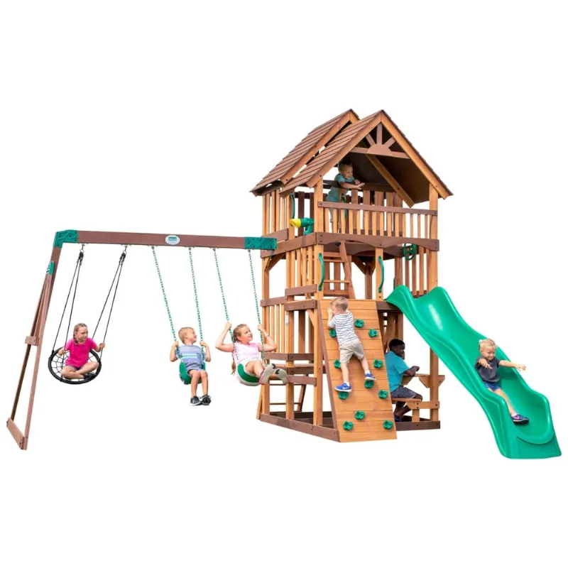 Playground Infantil De Madeira 3 Andares Com Caixa De Areia, Banco, Parede De Escalada, Escorregador De Ondas E 3 Balanços, Backyard Discovery, Verde