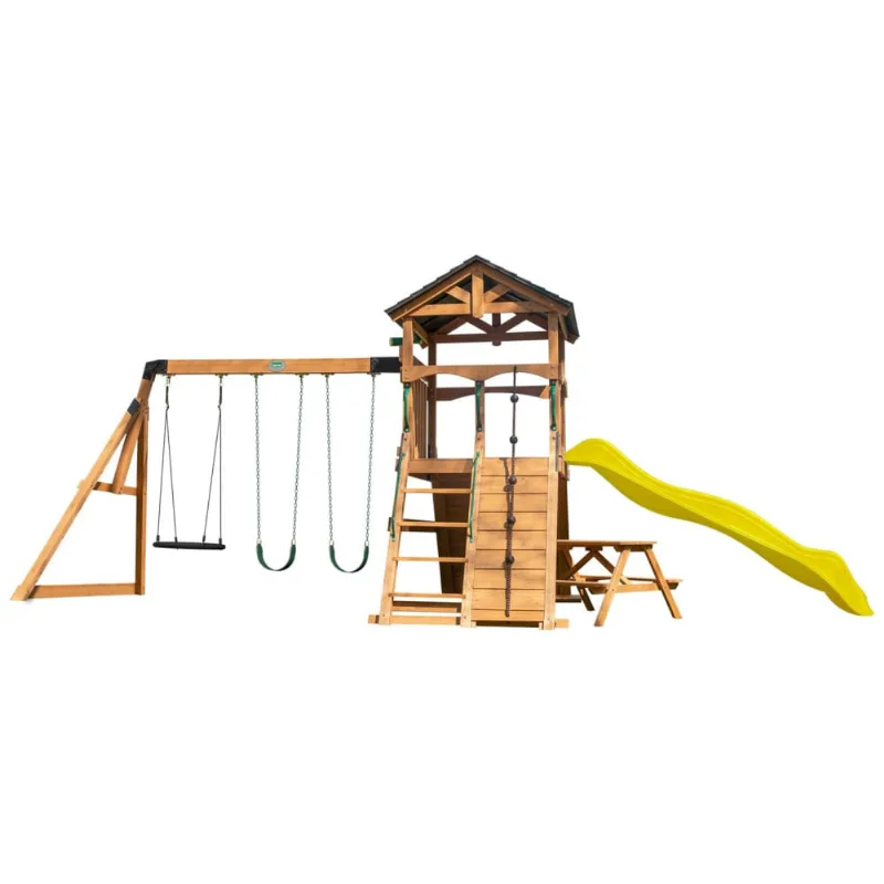 Playground Infantil De Madeira Com Mesa De Piquenique, Parede De Escalada, Escorregador De Ondas E 3 Balanços, Backyard Discovery, Amarelo