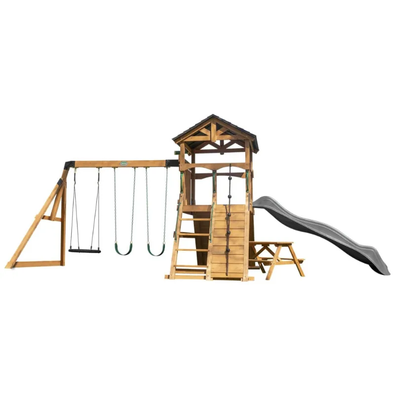 Playground Infantil De Madeira Com Mesa De Piquenique, Parede De Escalada, Escorregador De Ondas E 3 Balanços, Backyard Discovery, Cinza